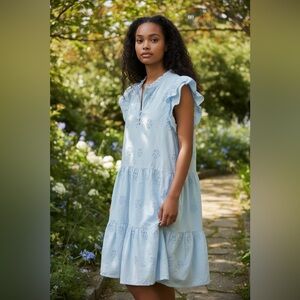 Valentina Naldi Light Blue Ruffle Embroidered Tiered Midi Dress Size Small